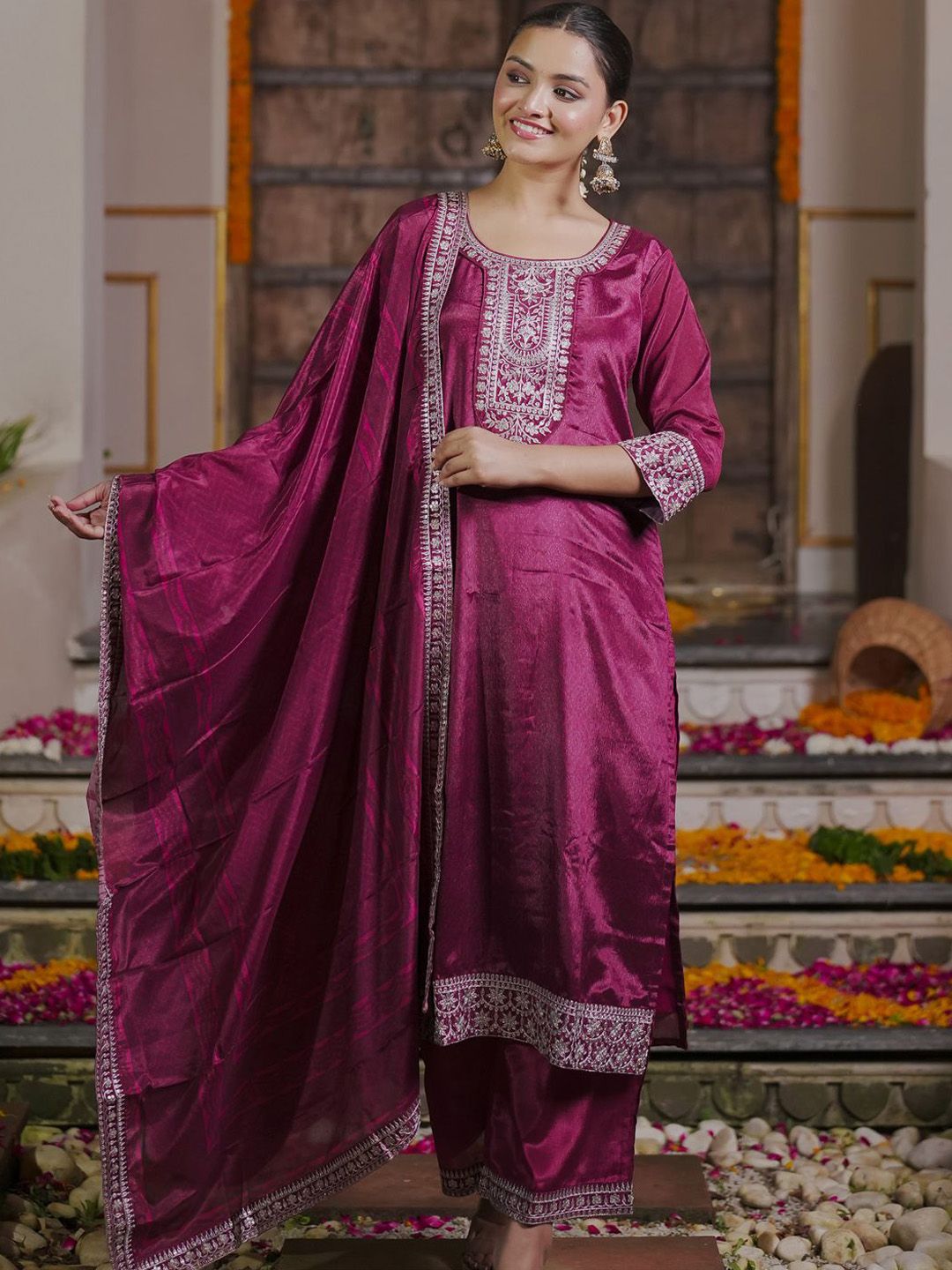 Women Embroidered Regular Sequinned Kurta with Trousers & With Dupatta