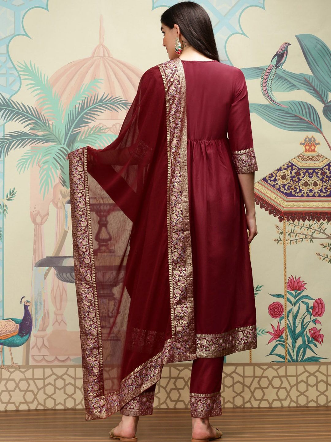 Dhiyona IS Women's Ethnic Motifs Yoke Design V-Neck Thread Work Anarkali Kurta with Trousers
