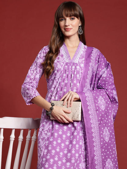 Floral Printed Pleated Pure Cotton Kurta With Trousers & Dupatta
