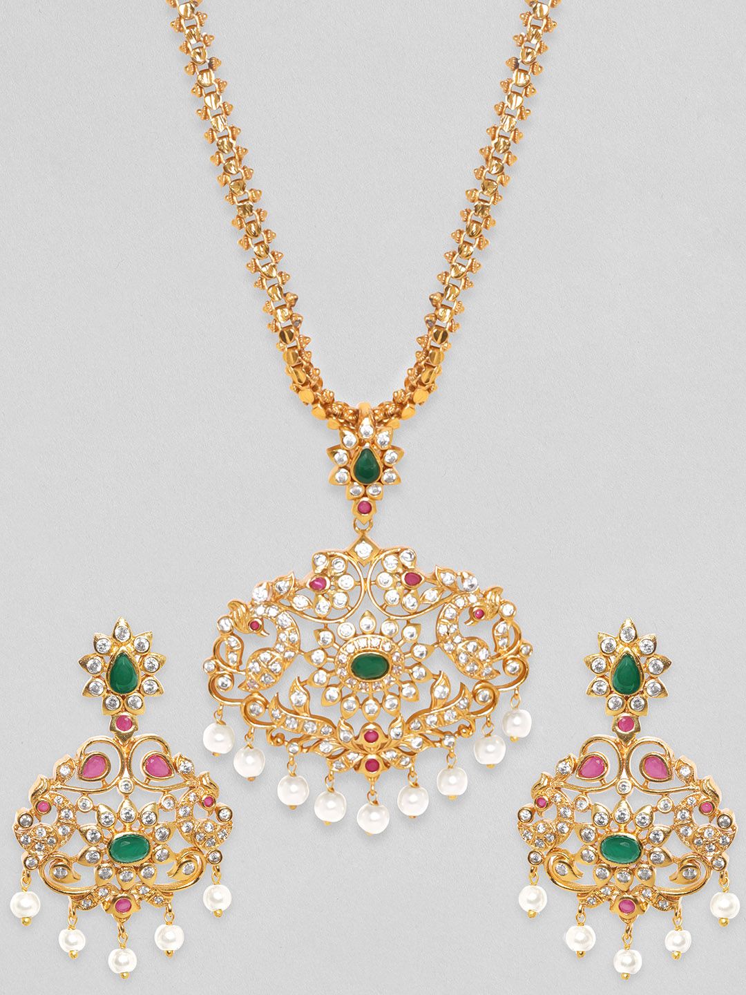 Dhiyona RJ Women's Women Gold-Plated Green CZ Stone Studded Temple Jewellery Set