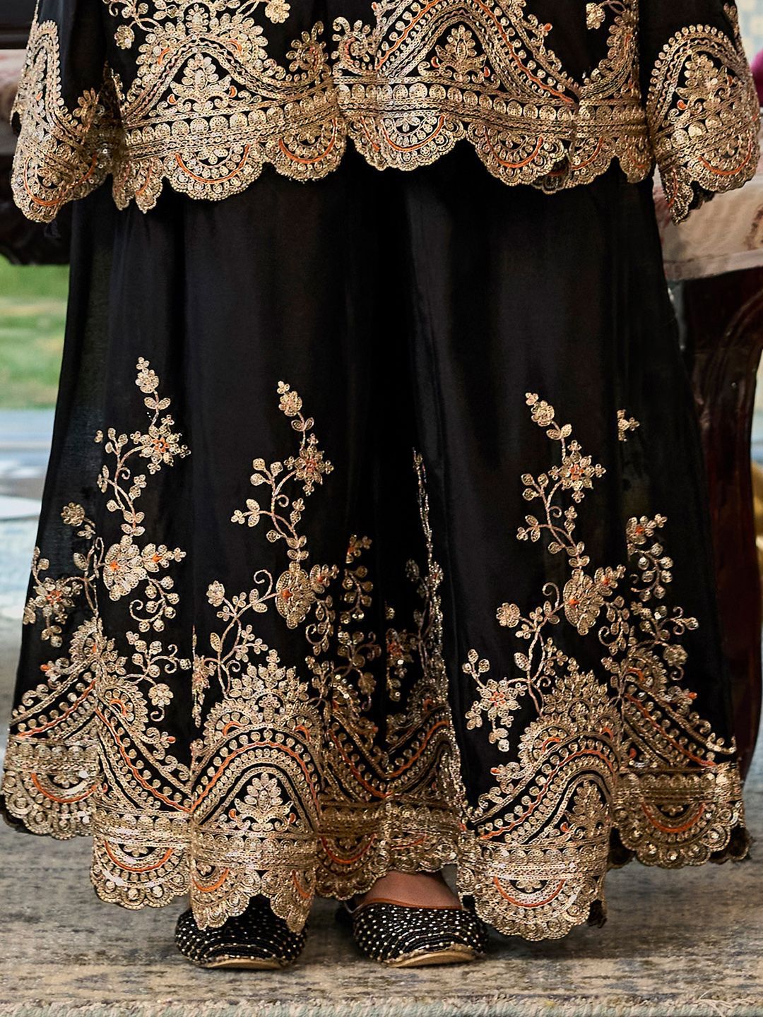 Floral Embroidered Sequinned Chinon A-Line Kurta With Palazzos & Dupatta
