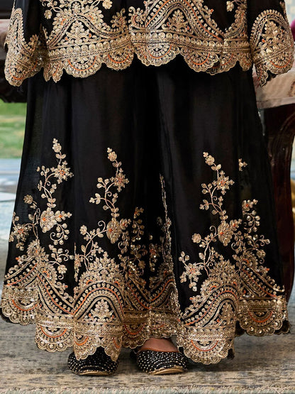Floral Embroidered Sequinned Chinon A-Line Kurta With Palazzos & Dupatta