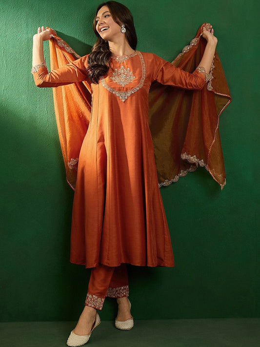 Dhiyona SN Women's Embroidered Boat-Neck Kurta With Trousers & Dupatta