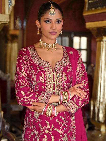 Adults-Women Woven Design Embroidered Kurta with Palazzos & Dupatta