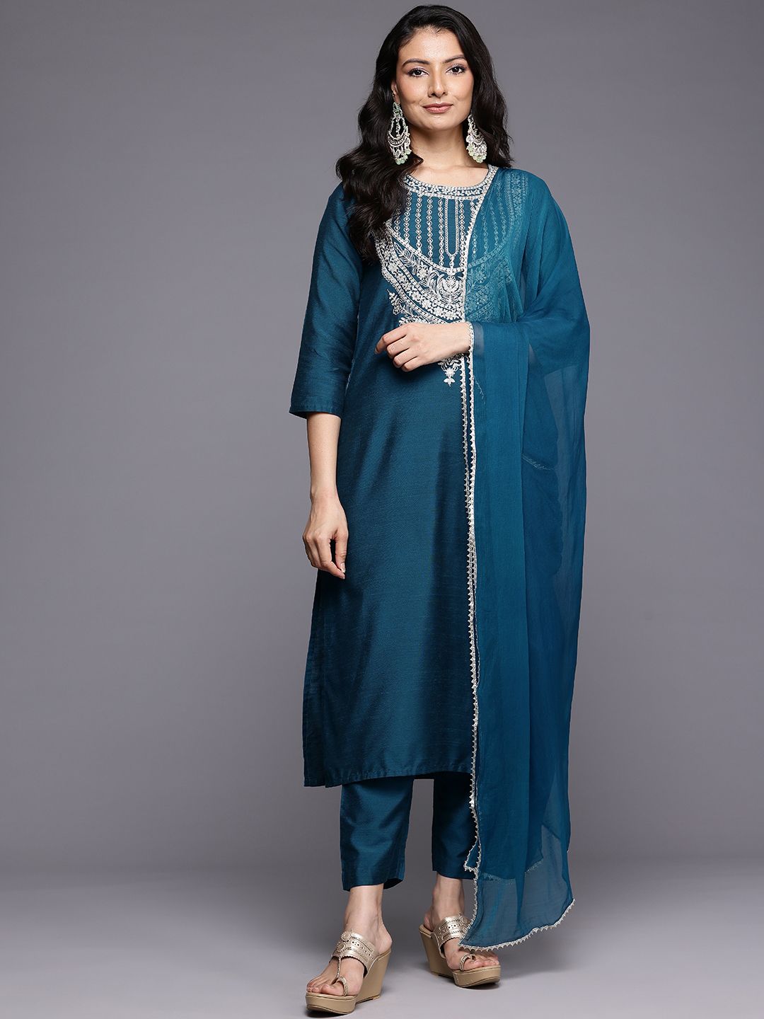 Dhiyona VA Women'sEthnic Motifs Embroidered Zari Kurta With Trousers & Dupatta