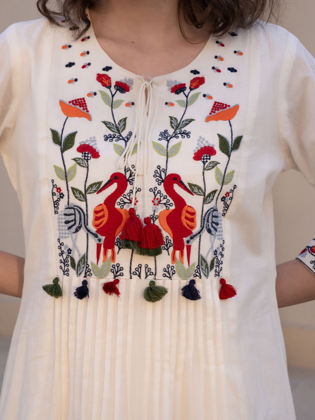 Dhiyona IE Floral Embroidered Tie-UP Neck Pleated A-Line Pure Cotton Kurta With Trousers