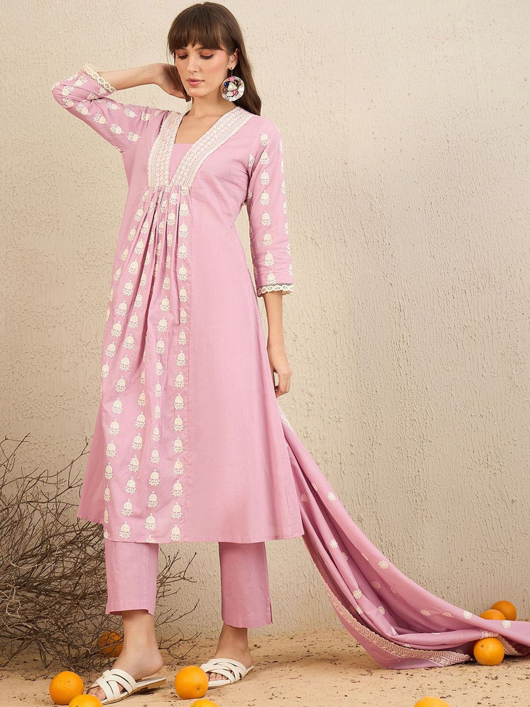 Floral Embroidered Pleated Pure Cotton A-Line Kurta With Trousers & Dupatta