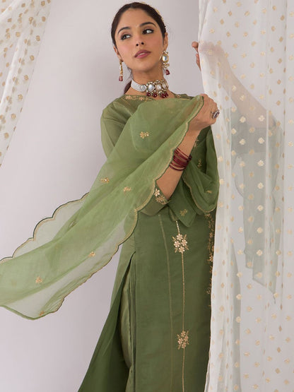 Dhiyona IE Floral Embroidered Zari Straight Kurta with Trousers & With Dupatta