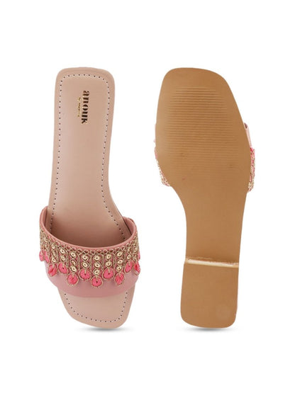 Dhiyona AK Peach-Coloured Ethnic Embroidered Open Toe Flats