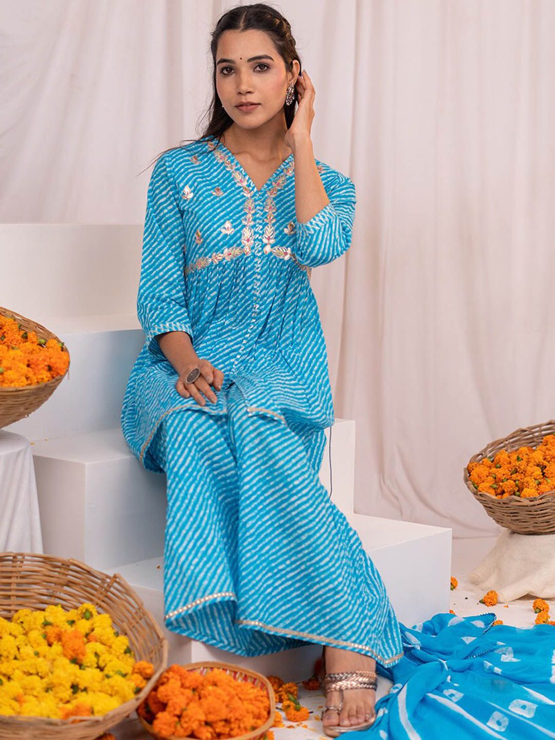 Dhiyona IS Women's Leheriya A-line Side Tie-Up Cotton Kurta with Sharara and Tie and Dye Dupatta