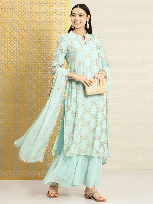 Dhiyona PD Women Women Floral Embroidered Sequined Jashn Kurta With Sharara & Dupatta