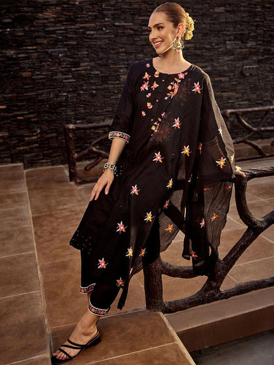 Dhiyona IS Women's Women Floral Embroidered Regular Thread Work Kurta with Trousers & With Dupatta