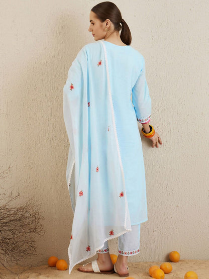 Dhiyona IE Ethnic Motifs Embroidered Thread Work Pure Cotton Kurta with Trousers & Dupatta