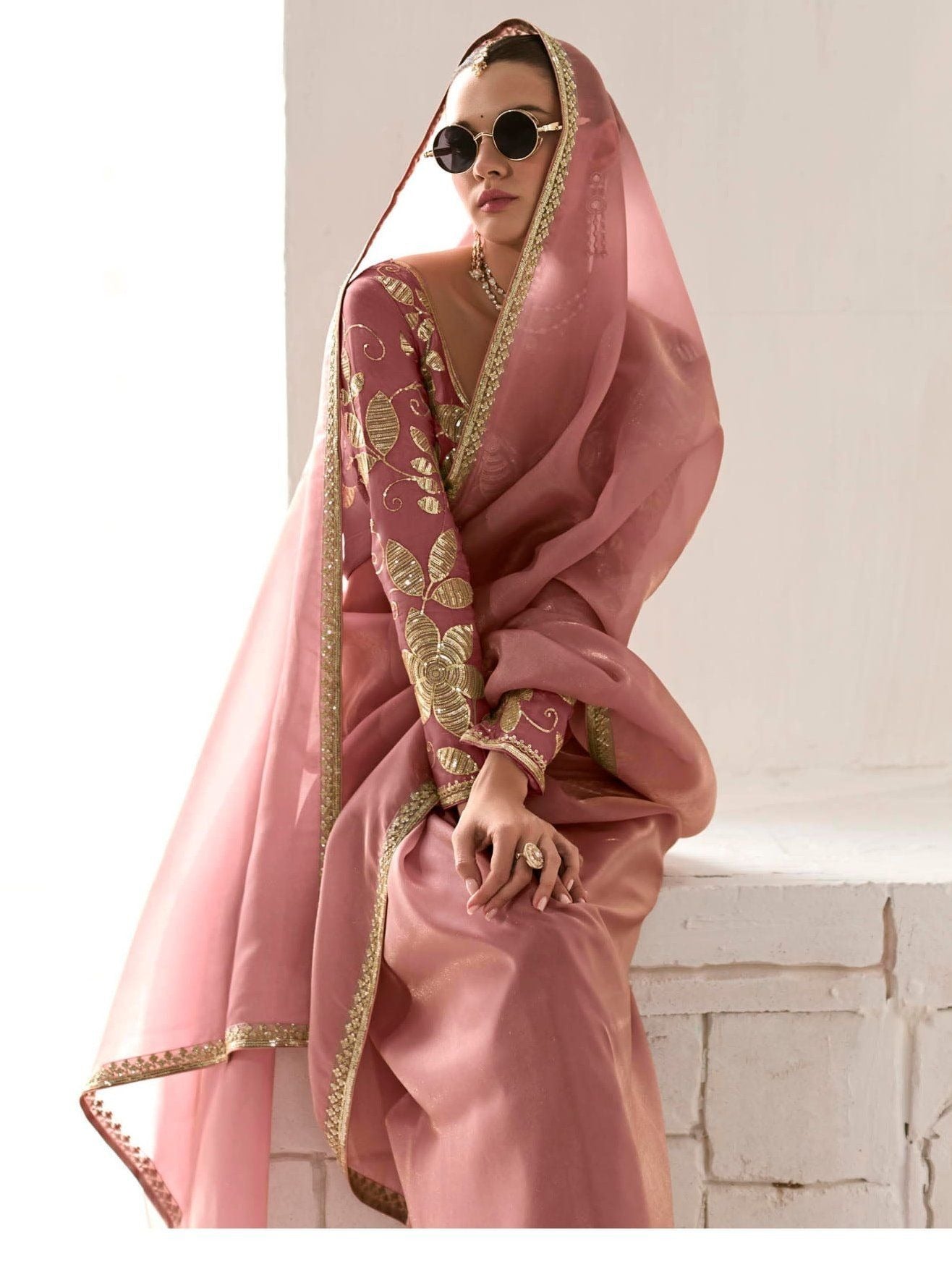 Dhiyona KM Women Royal Pink Premium Organza Saree With Golden Sequin Blouse
