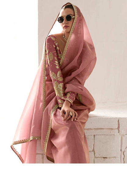 Dhiyona KM Women Royal Pink Premium Organza Saree With Golden Sequin Blouse