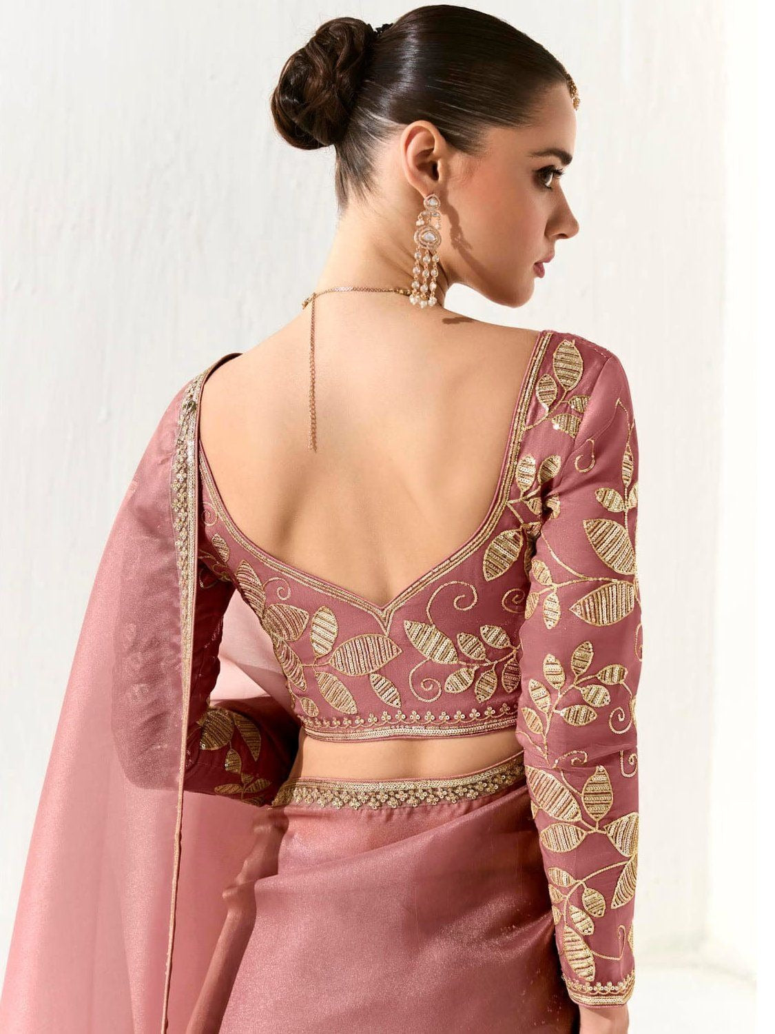 Dhiyona KM Women Royal Pink Premium Organza Saree With Golden Sequin Blouse