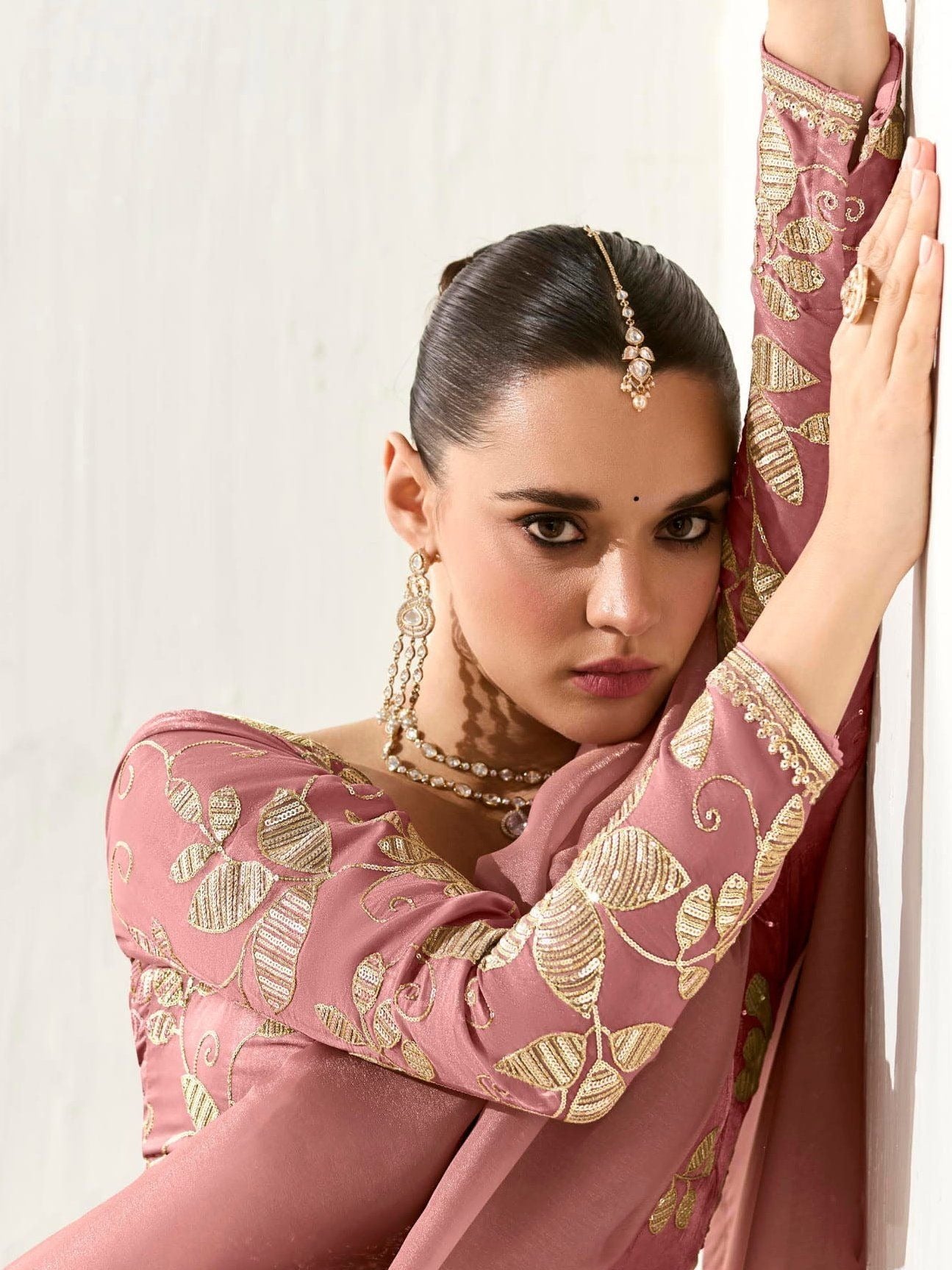 Dhiyona KM Women Royal Pink Premium Organza Saree With Golden Sequin Blouse