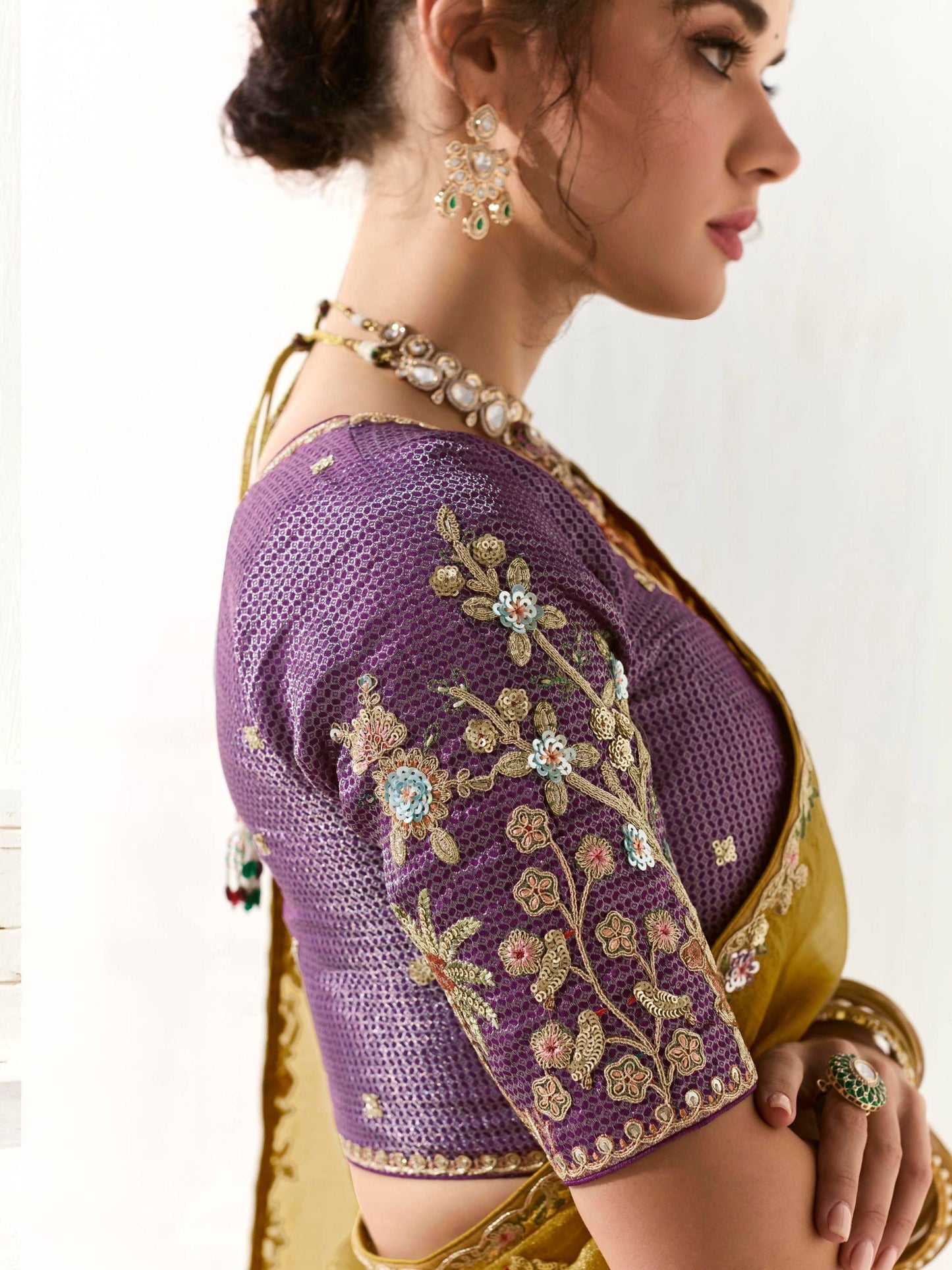 Dhiyona KM Women Mustard Tissue Silk Saree With Sequin Embellishments & Purple Embroidered Blouse