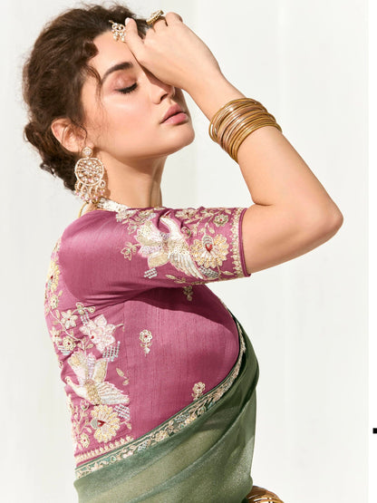 Dhiyona KM Women Mint Green Shimmer Saree With Ornate Mauve Purple Embroidered Blouse