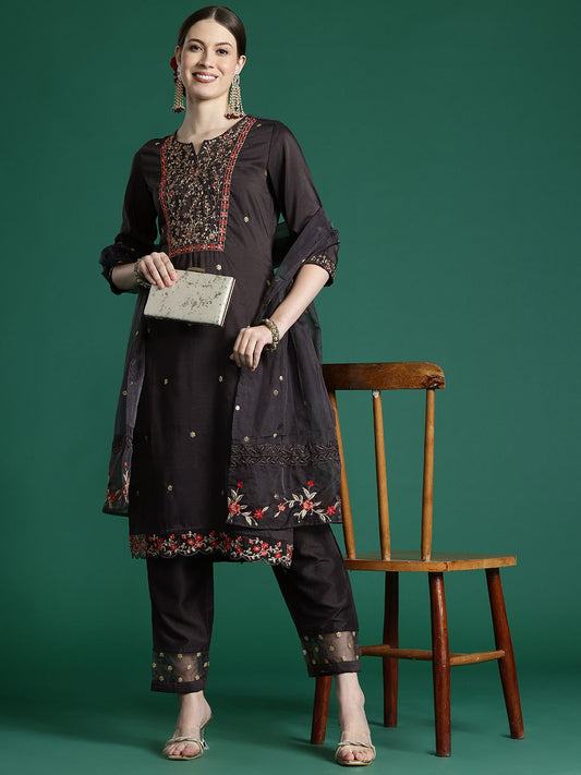 Dhiyona IE Floral Embroidered Kurta With Trousers & Dupatta