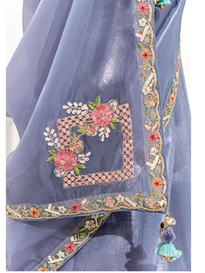 Dhiyona KM Women Premium Blue Organza Saree With Embroidered Green Blouse
