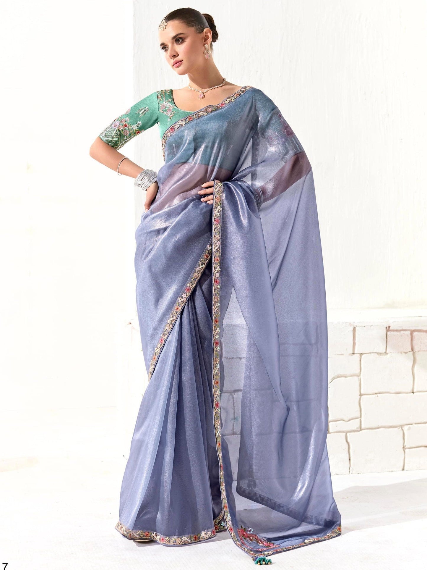 Dhiyona KM Women Premium Blue Organza Saree With Embroidered Green Blouse