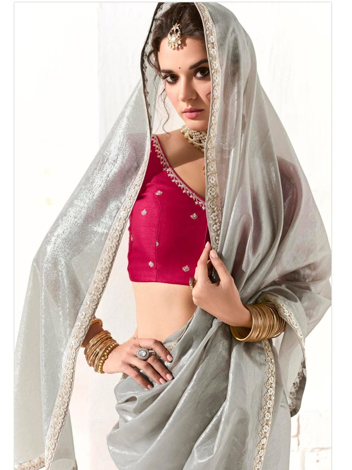 Dhiyona KM Women Elegant Grey Silk Organza Saree With Red Blouse “ Inspired By Shadows & Fire