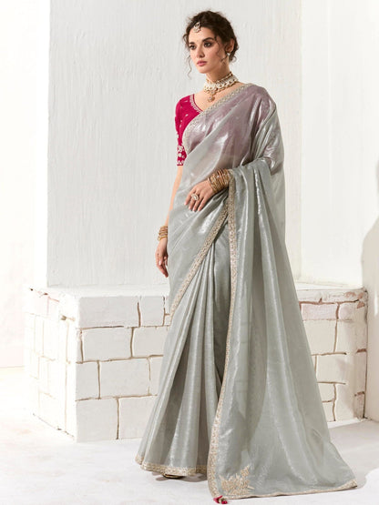 Dhiyona KM Women Elegant Grey Silk Organza Saree With Red Blouse “ Inspired By Shadows & Fire