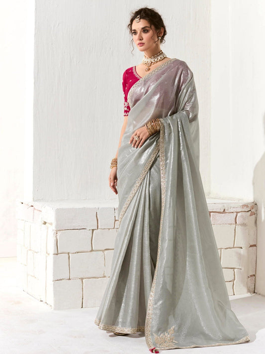 Dhiyona KM Women Elegant Grey Silk Organza Saree With Red Blouse “ Inspired By Shadows & Fire