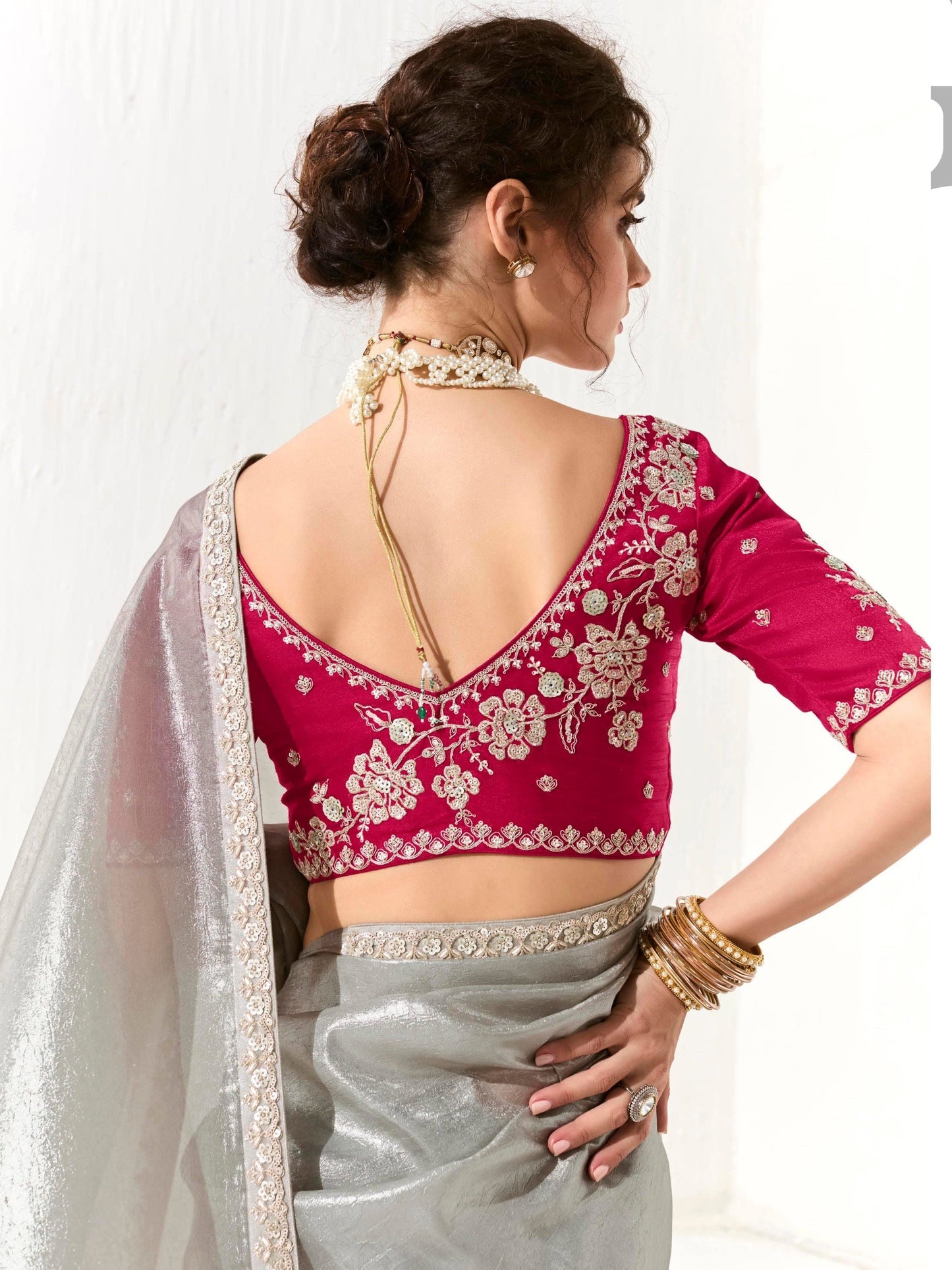 Dhiyona KM Women Elegant Grey Silk Organza Saree With Red Blouse “ Inspired By Shadows & Fire