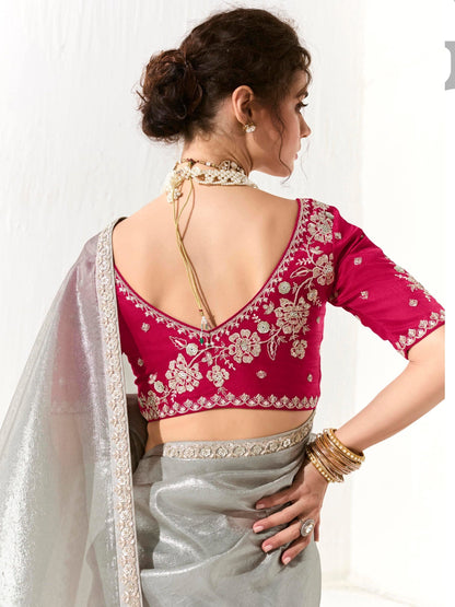 Dhiyona KM Women Elegant Grey Silk Organza Saree With Red Blouse “ Inspired By Shadows & Fire