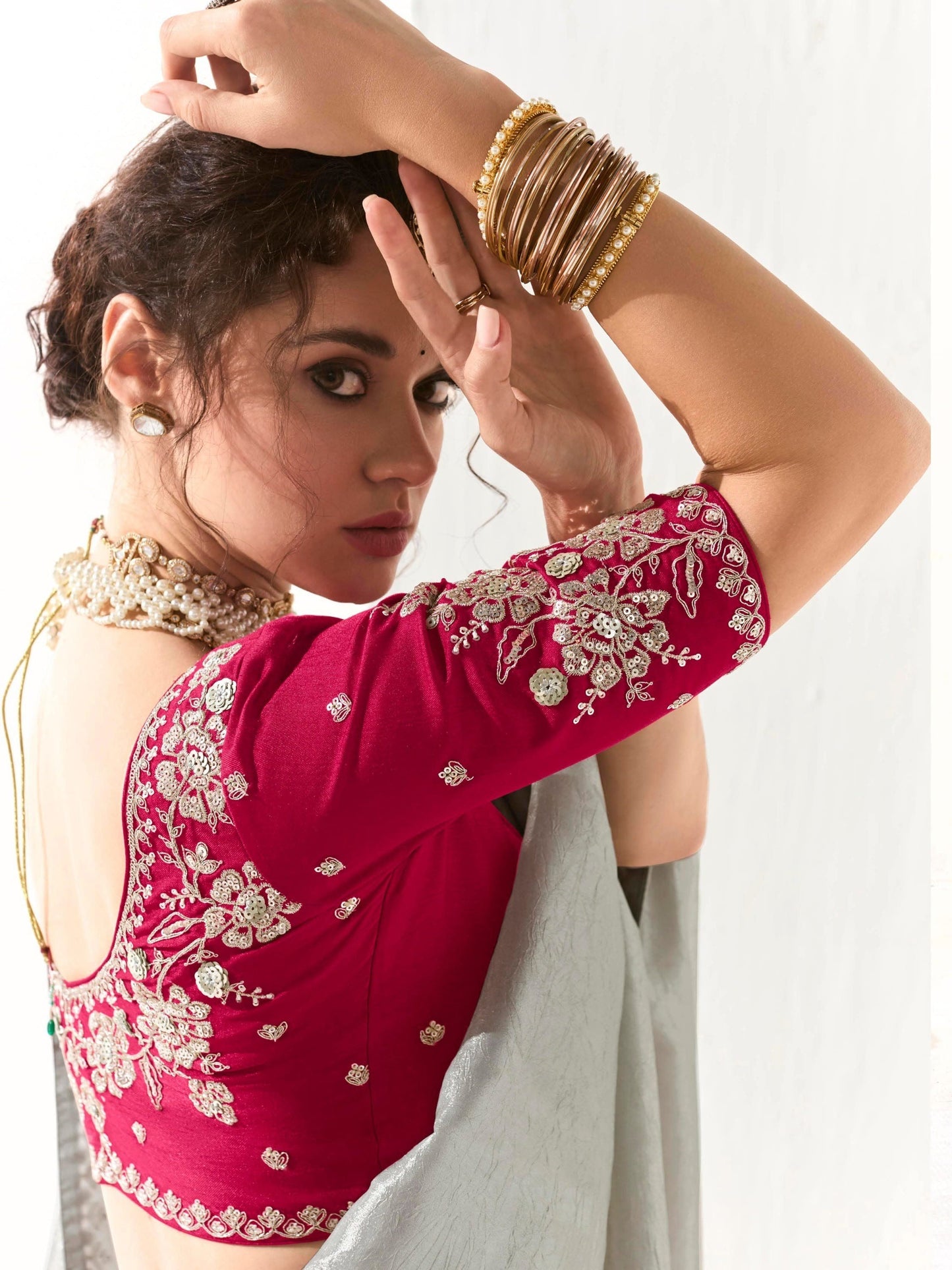 Dhiyona KM Women Elegant Grey Silk Organza Saree With Red Blouse “ Inspired By Shadows & Fire
