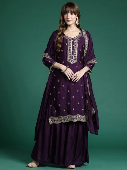 Dhiyona IE Ethnic Motifs Embroidered Regular Sequinned Kurta with Sharara & Dupatta