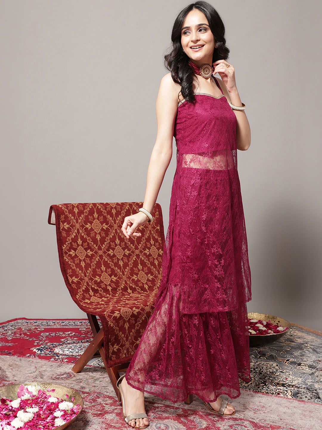 Dhiyona VA Women's Floral Woven Design Kurta With Sharara