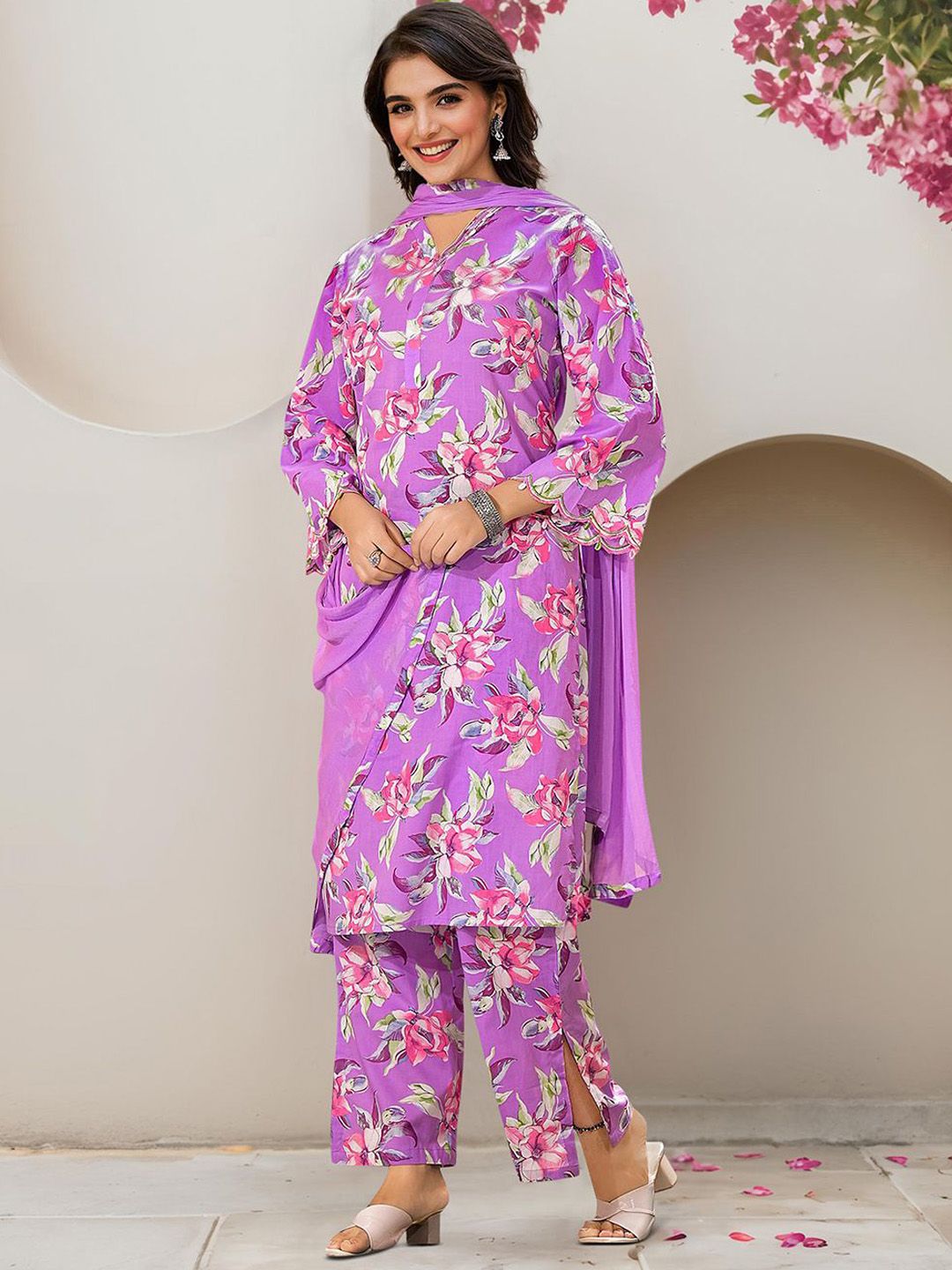 Dhiyona IS Women's Floral Printed Pure Cotton Kurta with Trousers & Dupatta
