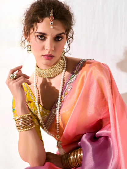 Dhiyona KM Women Purple & Pink Tissue Silk Organza Saree