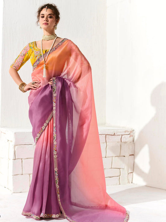 Dhiyona KM Women Purple & Pink Tissue Silk Organza Saree