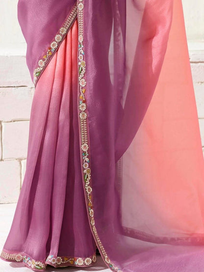 Dhiyona KM Women Purple & Pink Tissue Silk Organza Saree