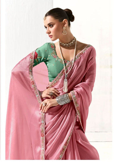 Dhiyona KM Women Pink Silk Organza Saree With Green Blouse