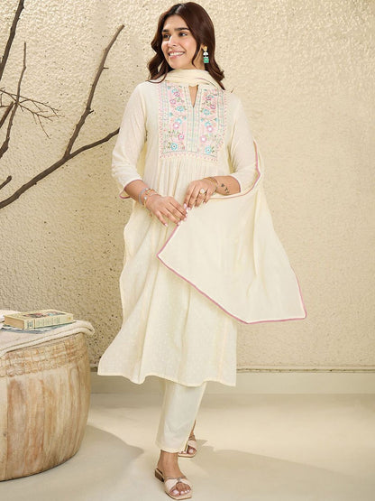 Dhiyona IE Floral Embroidered Mirror Work Pure Cotton Kurta With Trousers & Dupatta