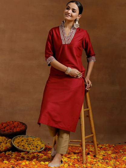 Dhiyona LB Women's Floral Yoke Design V-Neck Silk Thread Work A-Line Kurta