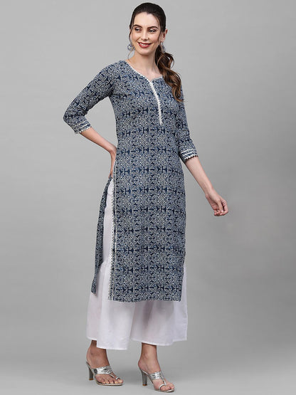 Dhiyona IE Women Navy Blue & White Ethnic Motifs Printed Kurta
