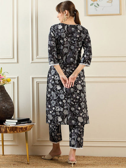 Dhiyona IE Women Floral Printed Regular Pure Cotton Kurta with Trousers
