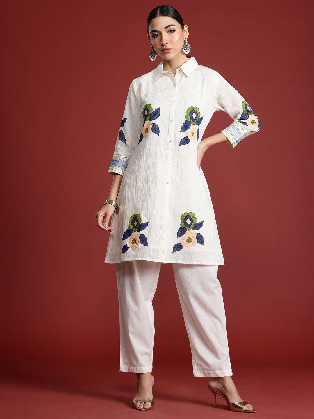 Women Floral Printed Pure Cotton Kurti with Trousers