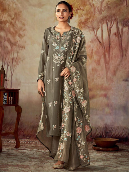 Dhiyona IE Floral Embroidered Regular Thread Work Chanderi Silk Straight Kurta Set