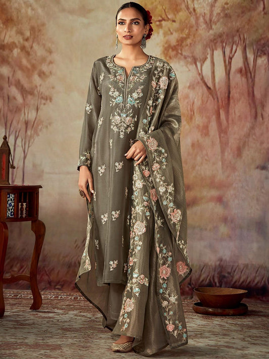 Dhiyona IE Floral Embroidered Regular Thread Work Chanderi Silk Straight Kurta Set