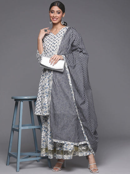 Dhiyona VA Women's White Ethnic Motifs Printed Pure Cotton Kurta with Trousers & With Dupatta