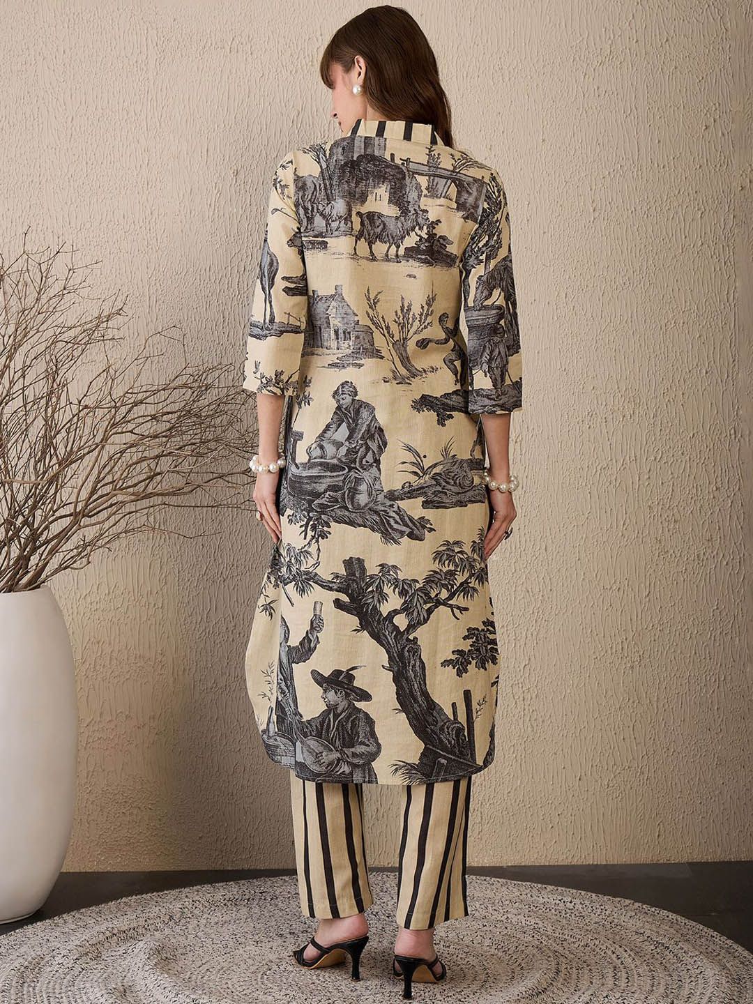 Women Printed Regular Linen Kurta with Trousers