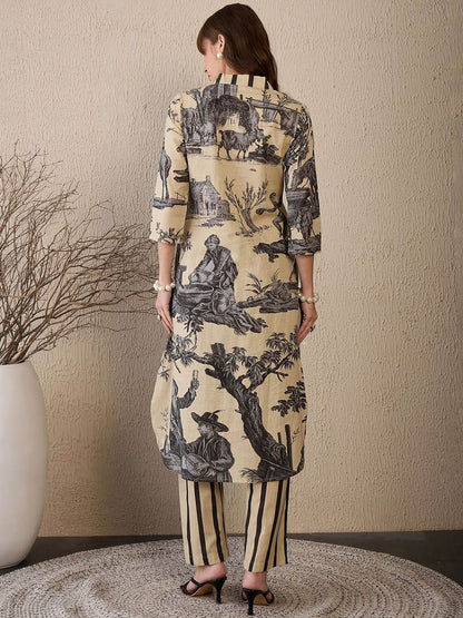 Women Printed Regular Linen Kurta with Trousers