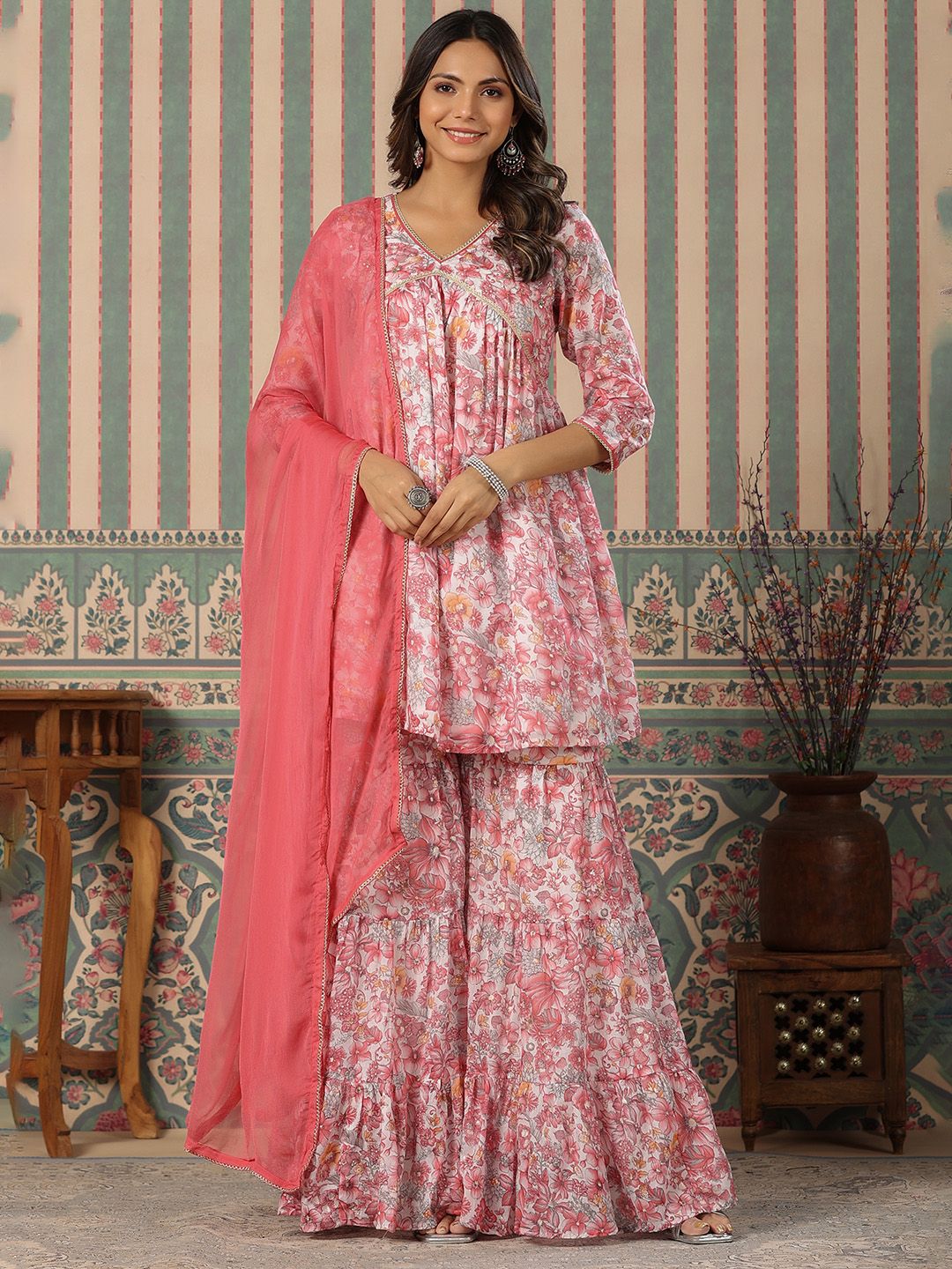 Dhiyona IS Women's Floral Printed V-Neck Gotta Patti Pure Cotton Kurta with Sharara & With Dupatta